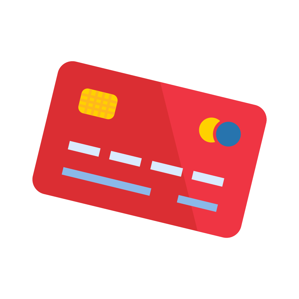 an illustrated debit card with a red background and rectangles representing card information
